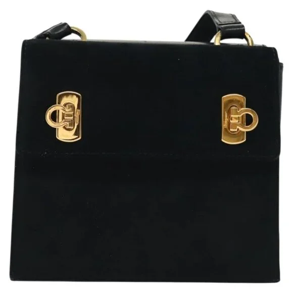 Salvatore Ferragamo Gancini Shoulder Bag Leather Suede Navy Gold Auth - Picture 3 of 16